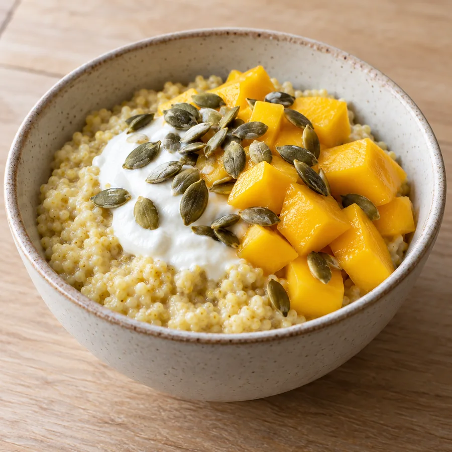 Jaglanka z jogurtem greckim, mango i pestkami dyni