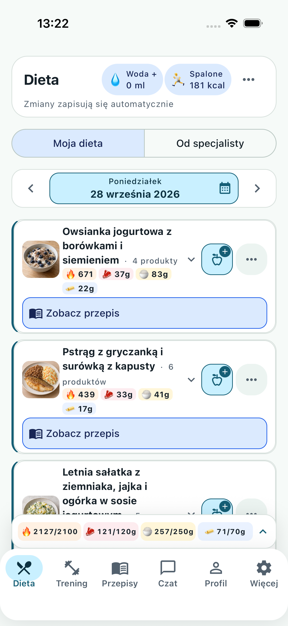 Jadłospis w aplikacji Diecik: zdjęcia posiłków, kalorie i podsumowanie dnia